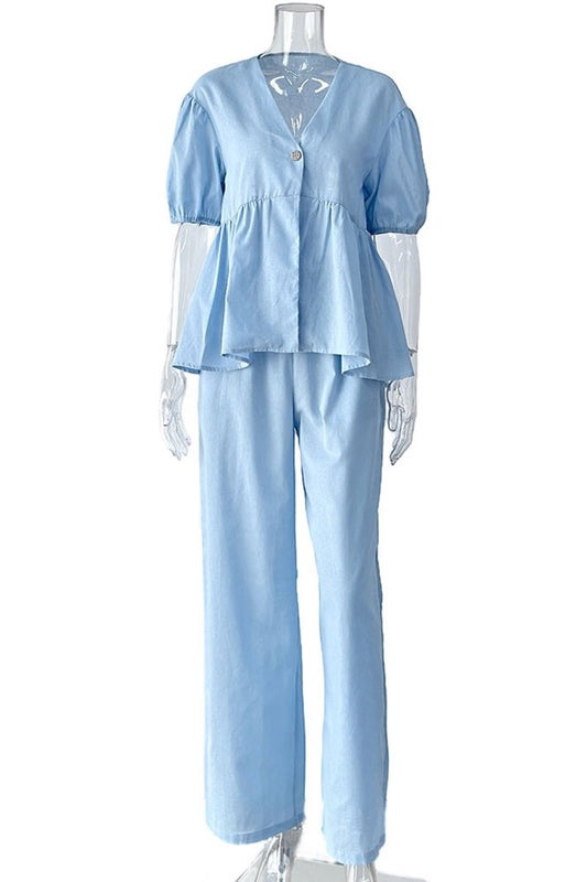 PUFF-SLEEVE PEPLUM TOP AND PANTS SET